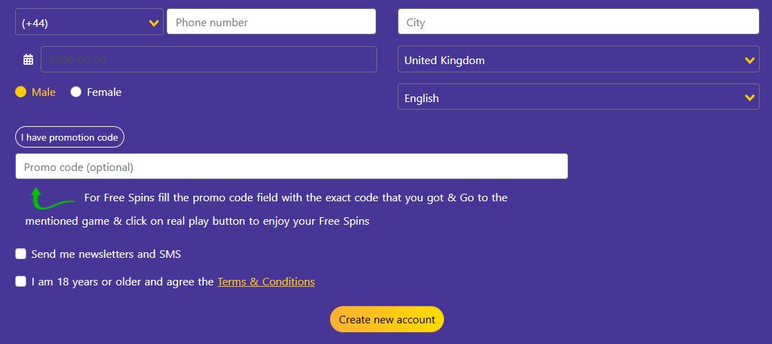 Enter a promo code during registration and spin with free spins